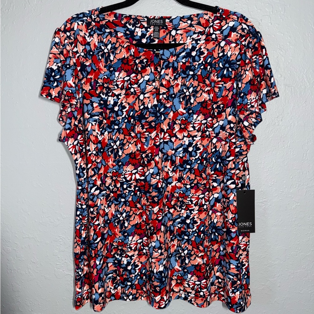 Jones New York Multicolor Floral Short Sleeve Top Blouse — Red, Blue & White